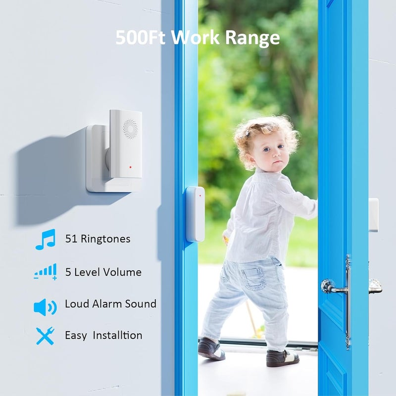 AMHEY Wireless Door Chime, Door Open Sensor Alarm When Entry Business/Office/Store (500ft Range 51 Ringer Adjustable Volume) Home Alert Bell for Kid/Toddler Safety, 2 Receivers +2 Sensors - Image 2